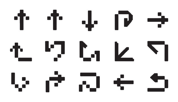 Pixel art arrow collection with various directions and turns for navigation or gaming.
