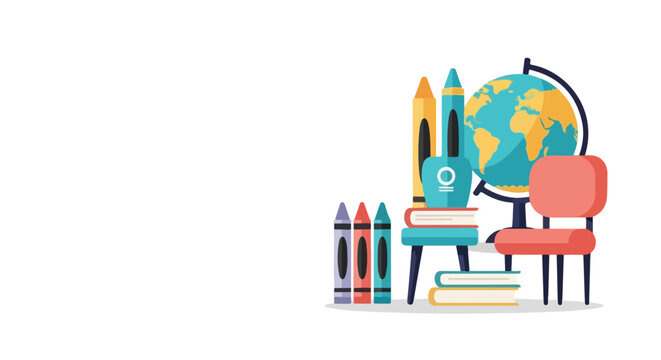 This flat vector illustration features essential school supplies like a globe, books, and colorful crayons against a clean white background.