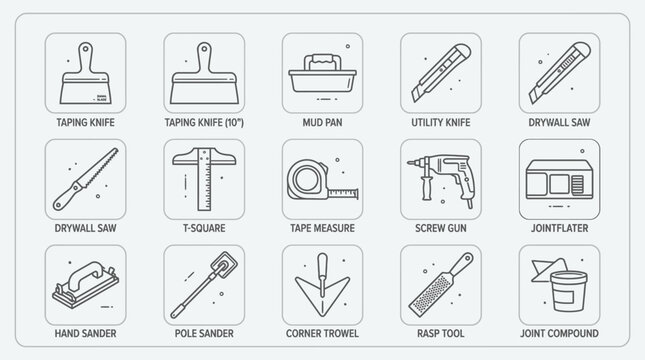 Drywall Tools and Supplies Icon Set - Construction and Renovation Line Art