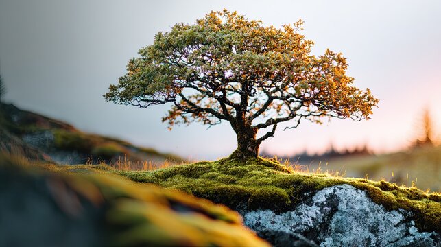 Small Ancient White Oak on Moss at Sunrise Web Banner Symbol of Hope Scenery