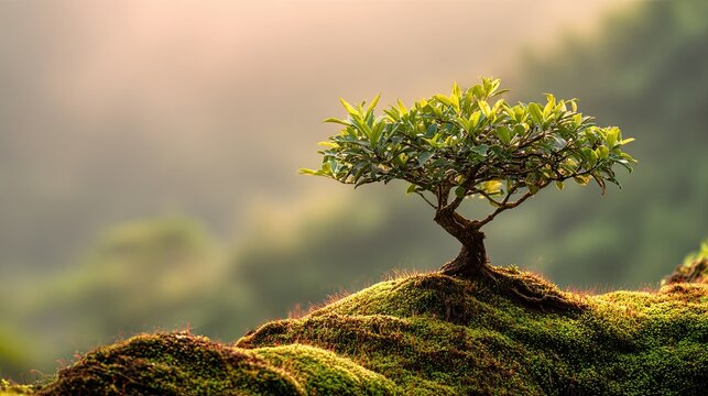 Small Ancient Mango Tree on Moss at Sunrise Web Banner Symbol of Hope Background