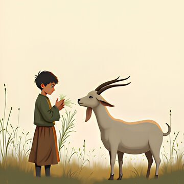 vector illustration of a girl and a goat in meadow