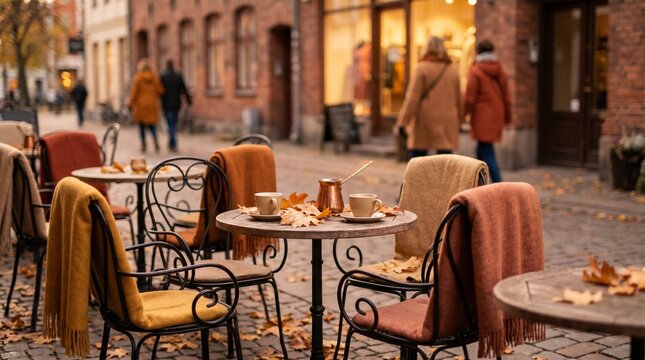 Outdoor caf&eacute; table with coffee and autumn leaves