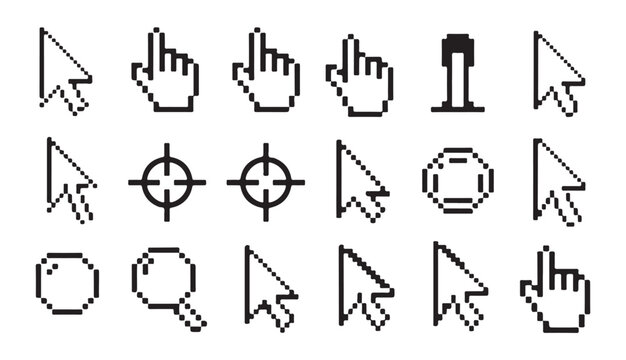 Pixel cursor vector set collection retro 8 bit computer game icons digital design element.