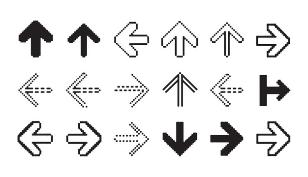 Pixelated arrows navigation set collection modern interface pointers and direction icons.