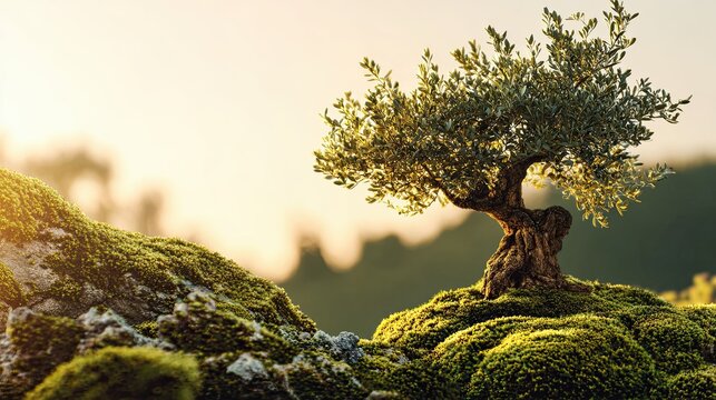 Small Ancient Olive Tree on Moss at Sunrise Web Banner Symbol of Hope Background