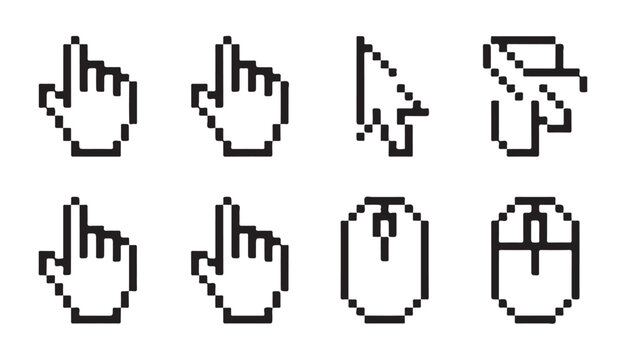 Pixel art computer mouse and hand pointer cursor set for website ui design and gaming apps.
