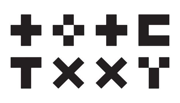 Set of pixel art cross plus and various mathematical symbol shapes for game development gui.