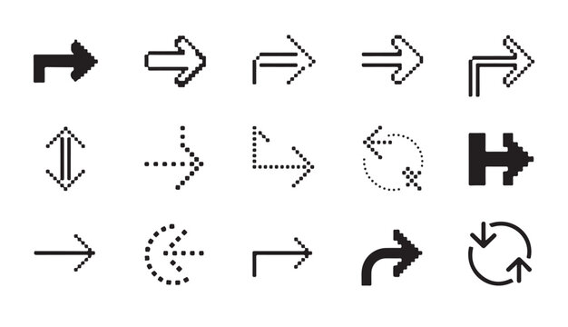 Assorted pixel arrow and directional icon set for modern digital interface web projects.