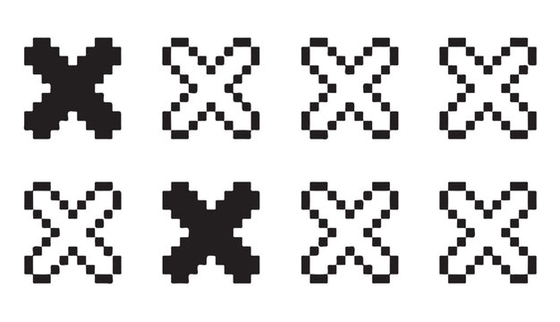 Set of eight pixelated cross icons in various styles for user interface design elements.
