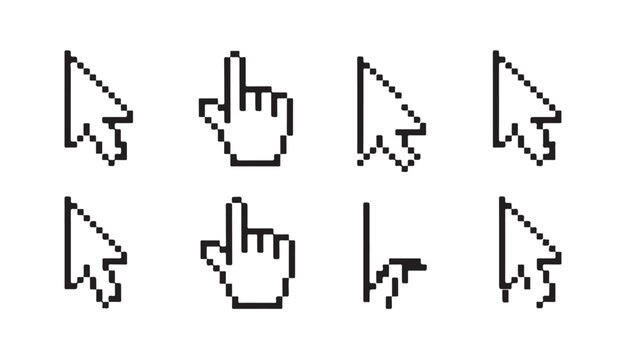 Pixel art style mouse pointer cursor icons set for computer interface design elements.