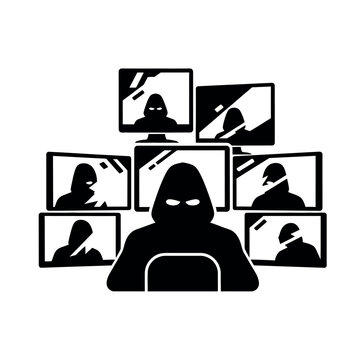 Hacker controlling multiple screens with a silhouette figure.
