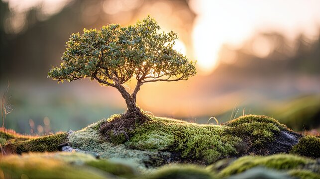 Small Ancient Sausage Tree on Moss at Sunrise Web Banner Symbol of Hope Nature