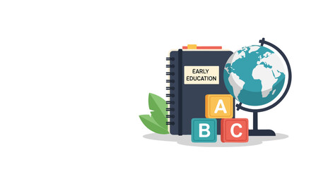 Minimalist vector illustration featuring an early education notebook, a globe, and colorful ABC blocks arranged neatly on a plain white background. © Rangga