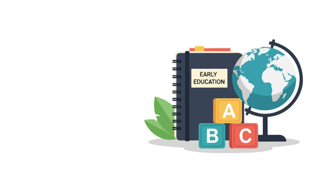 Minimalist vector illustration featuring an early education notebook, a globe, and colorful ABC blocks arranged neatly on a plain white background.