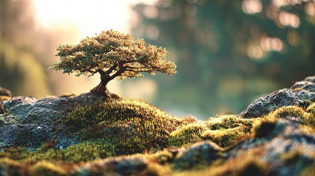 Small Ancient Turkey Oak on Moss at Sunrise Web Banner Symbol of Hope Scenery