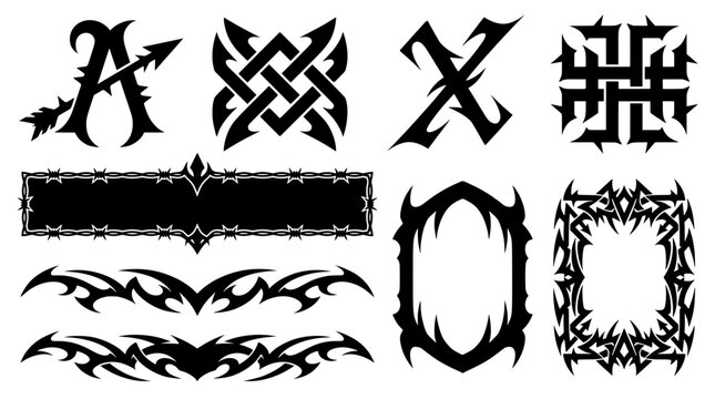 Black tribal tattoo vector set. Includes gothic borders, barbed wire banners, spiky frames, and edgy silhouettes for graphic decals or metal designs
