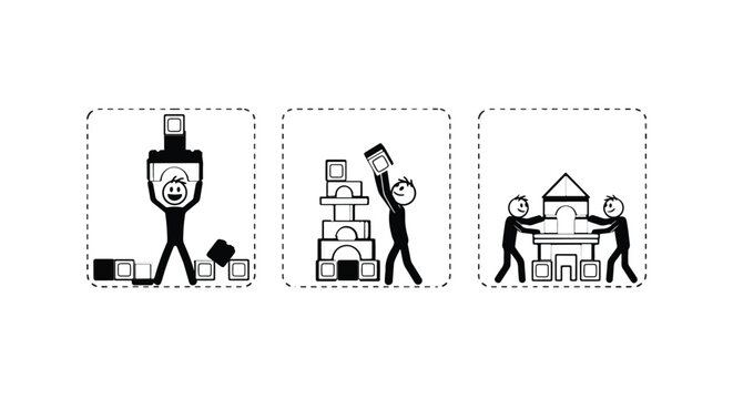 Illustrated stages of teamwork and project development success.