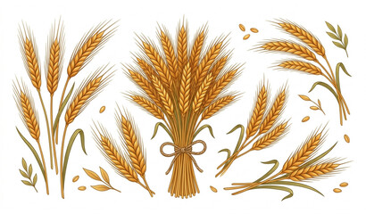 Golden wheat stalks and bunch illustration © Ms