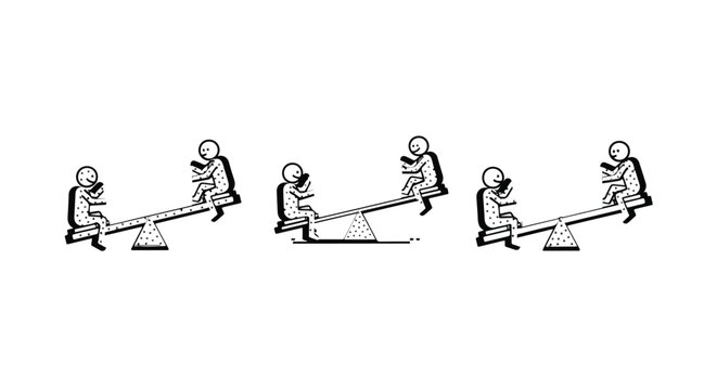 Illustrated characters balancing on a teeter totter sequence.