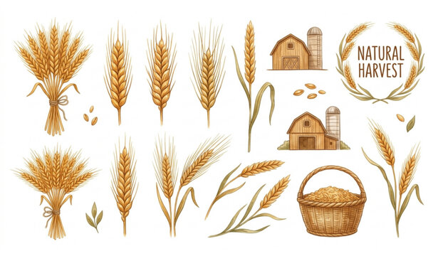 Natural harvest wheat and farm illustrations