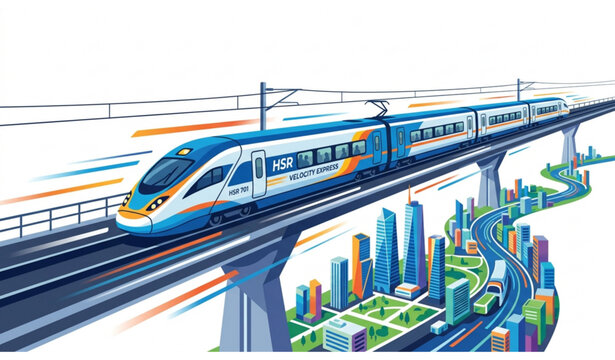 High speed rail transportation concept with modern train on elevated tracks
