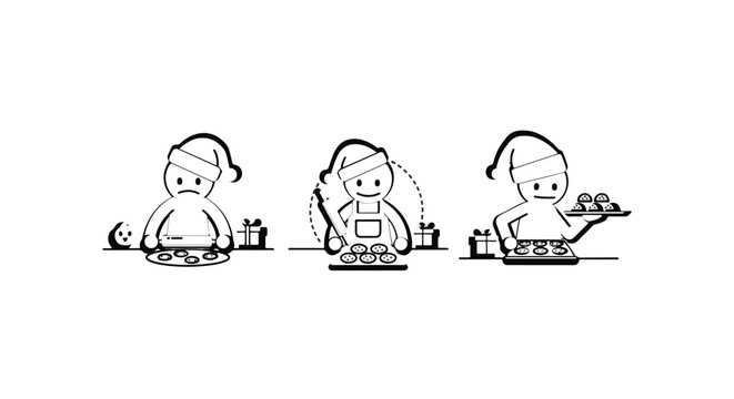 Three festive cartoon characters preparing holiday meals together.