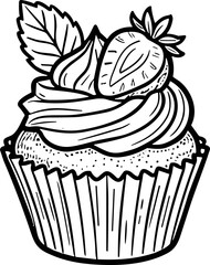 Hand-drawn cupcake with frosting, strawberry, and mint leaf - black and white illustration © zoro0
