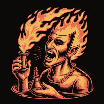 Man with fire on head laughing.