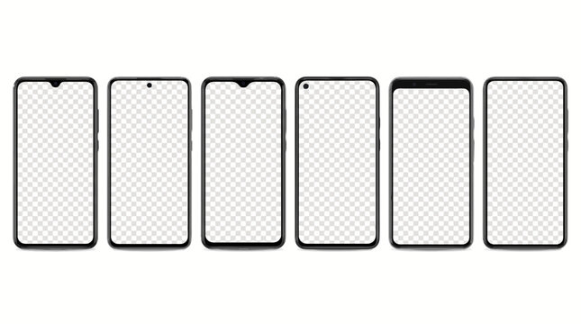 phone mockup collection. Mockup realistic models phone with shadow and blank screens for your design. Isolated on transparent background. Vector illustration .ai .eps