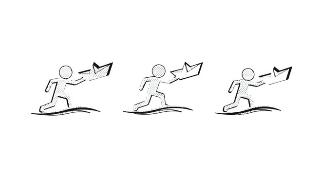 Illustrated progression of beginner windsurfing techniques.