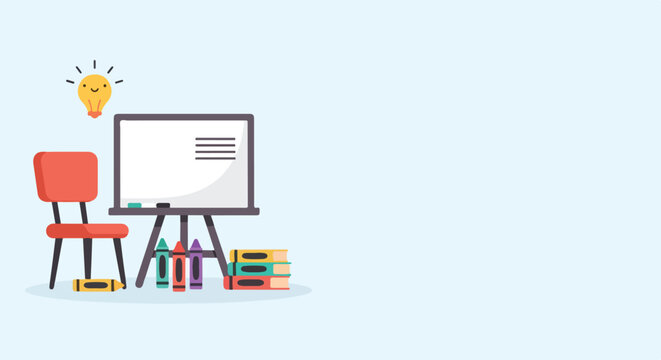 Illustration featuring a classroom setup with a red chair, whiteboard on an easel, stacked books, crayons, and a creative lightbulb idea above.