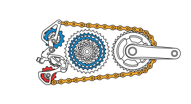 Bicycle drivetrain vector illustration showing chain, cassette, chainring, and derailleur