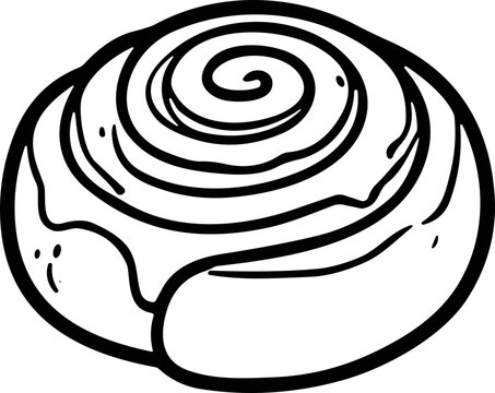 Hand-drawn cinnamon roll with icing, isolated on white background, line art illustration.