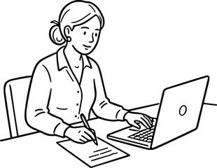 Businesswoman typing on laptop and writing notes at desk, cartoon illustration