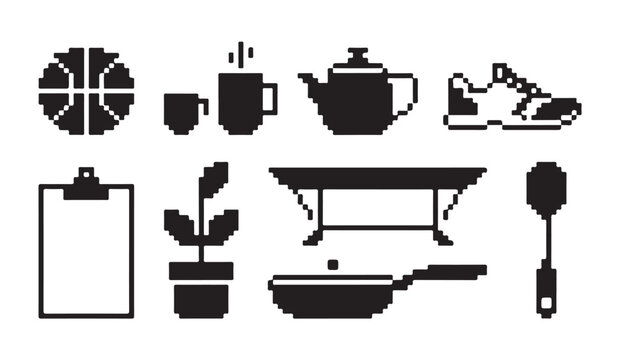 Pixel art household objects set with plants table furniture and kitchen equipment icons.