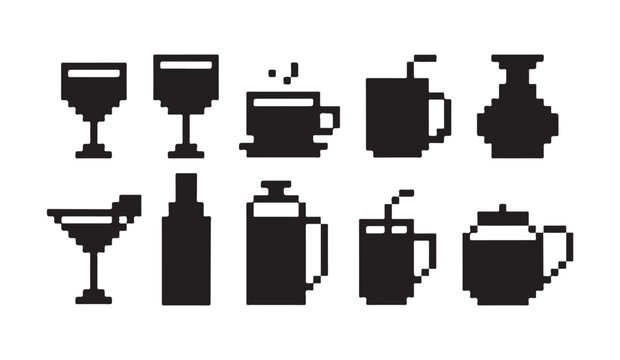 Pixel art collection of beverage glasses coffee cups and tea pots for graphic interface.