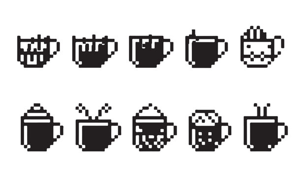 Pixel art icon collection of various coffee drinks and hot beverages in flat style.