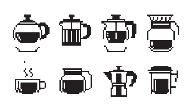 Graphic set of coffee brewing equipment icons in classic black pixel art style design.