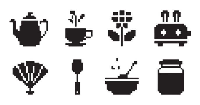 Set of pixel art drink and breakfast icons featuring toaster coffee pots and tableware.