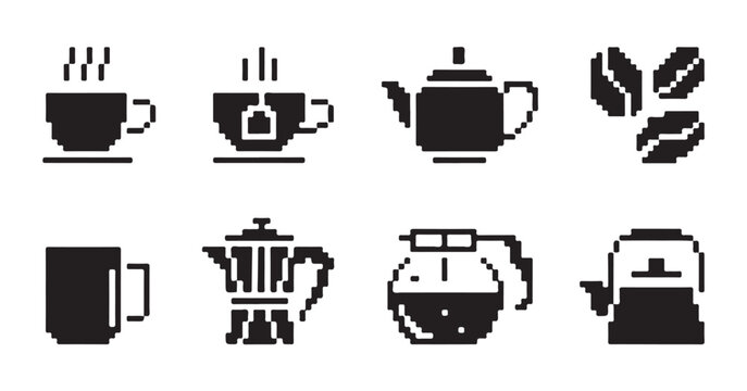 Pixel art coffee and tea set including cups pots and coffee beans in retro game style.