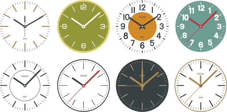 Modern Wall Clock Face Vector Set with Minimalist Dials, Numeric Displays, Colorful Hands, and Circular Timepiece Graphic Elements for UI Design