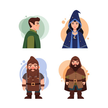 Set of characters featuring an elf, a witch, and two dwarves in a fantasy style, isolated on a white background with abstract colorful shapes