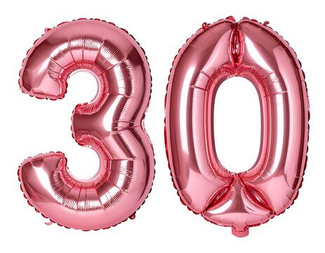 Two rose-colored, metallic, inflatable balloons arranged side-by-side, shaped like the numbers three and zero, forming the number thirty