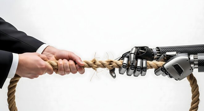 Close-up of a human hand in a business suit and a robotic hand pulling a fraying rope in a tug of war.