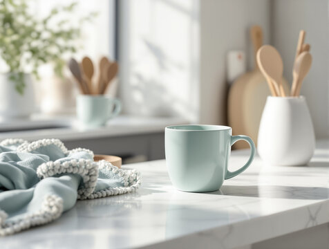 Ceramic Breakfast Mug on Kitchen Counter with Towel and Utensils