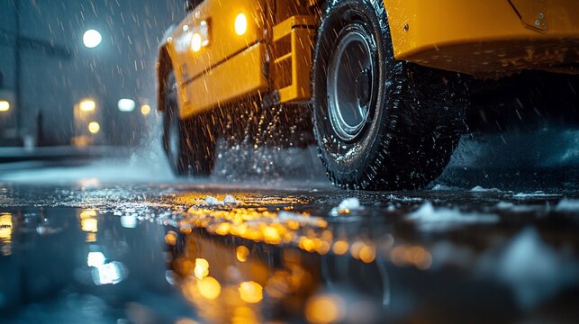 A low-angle shot of a yellow vehicle tire in the snowy urban landscape during night