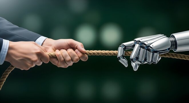 Human hand in a business suit and a robotic hand engaged in a tug of war competition with a rope, symbolizing the conflict between man and artificial intelligence.