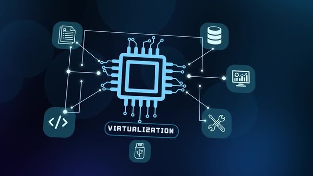Modern virtualization technology dashboard displaying cloud server configurations and system abstract network.