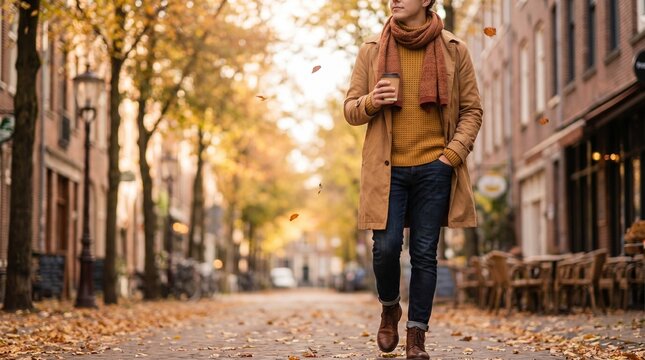 Young adult walking with coffee in early autumn fashion